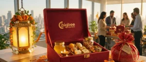 Luxury red velvet Diwali corporate gift box with sweets, nuts, diya and BigBee branding on office table overlooking skyline