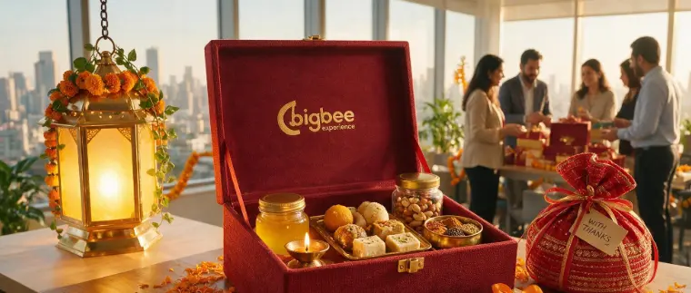 An open, luxury red velvet corporate Diwali gift box branded with Bigbee Experience, filled with traditional Indian sweets, nuts, and a burning diya, set in a modern office overlooking a city skyline