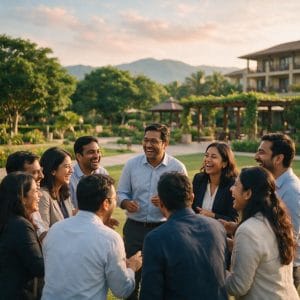 Corporate offsite team-building in a resort garden with colleagues laughing and bonding during activities
