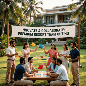 Employees laughing and tossing beanbags during a collaborative team-building activity at a premium resort offsite