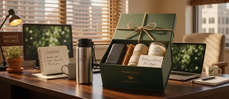 Personalized corporate thank you gift box with wellness items for employee appreciation