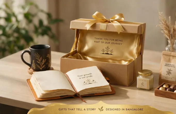 Unique corporate employee gift box with personalized journal, mug, and hamper items designed in Bangalore