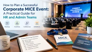 Conference room with rows of chairs, MICE badge, event planning checklist and laptop on table for corporate MICE planning
