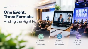 Comparison of corporate event formats showing in-person, virtual, and hybrid options for event management planning.
